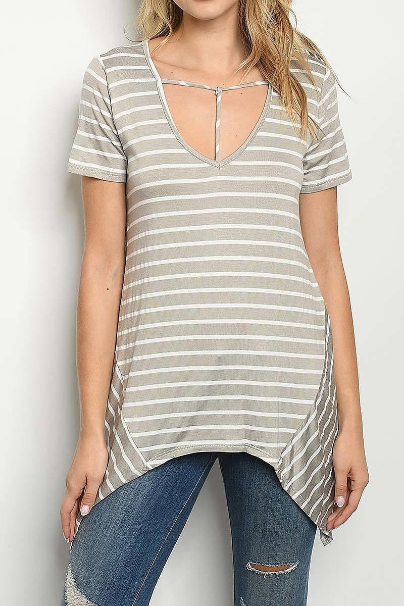 Spaghetti detail v neck stripe top (ED5842-LAST)