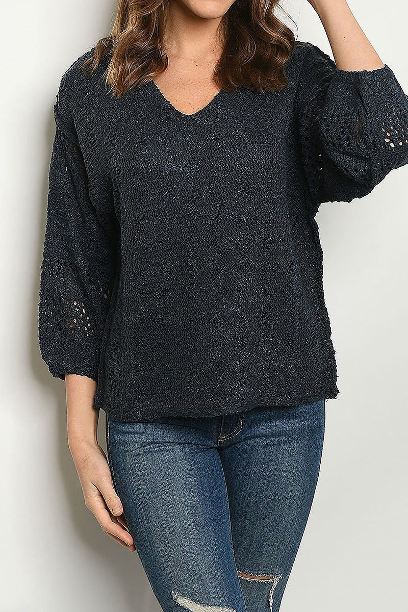 V neck crochet bubble sleeve sweater (DGS4848-3)