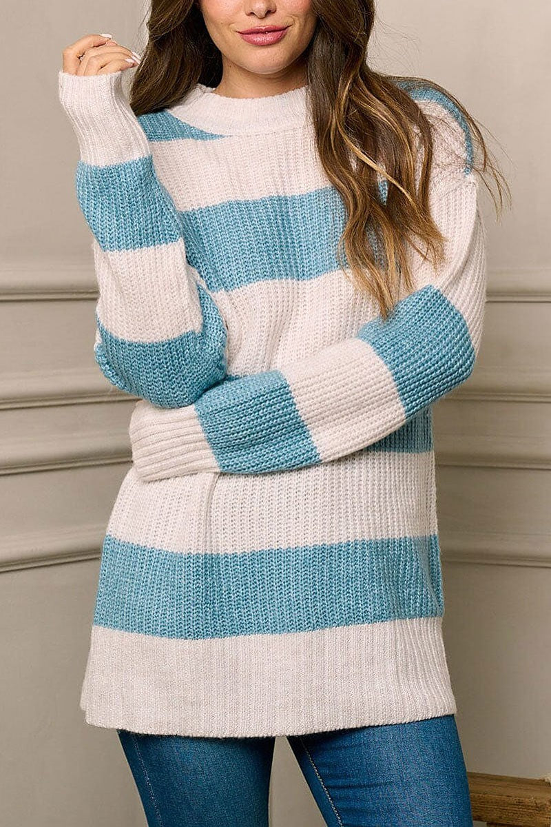 Long sleeve colorblock stripes pullover sweater (EFWT5757)