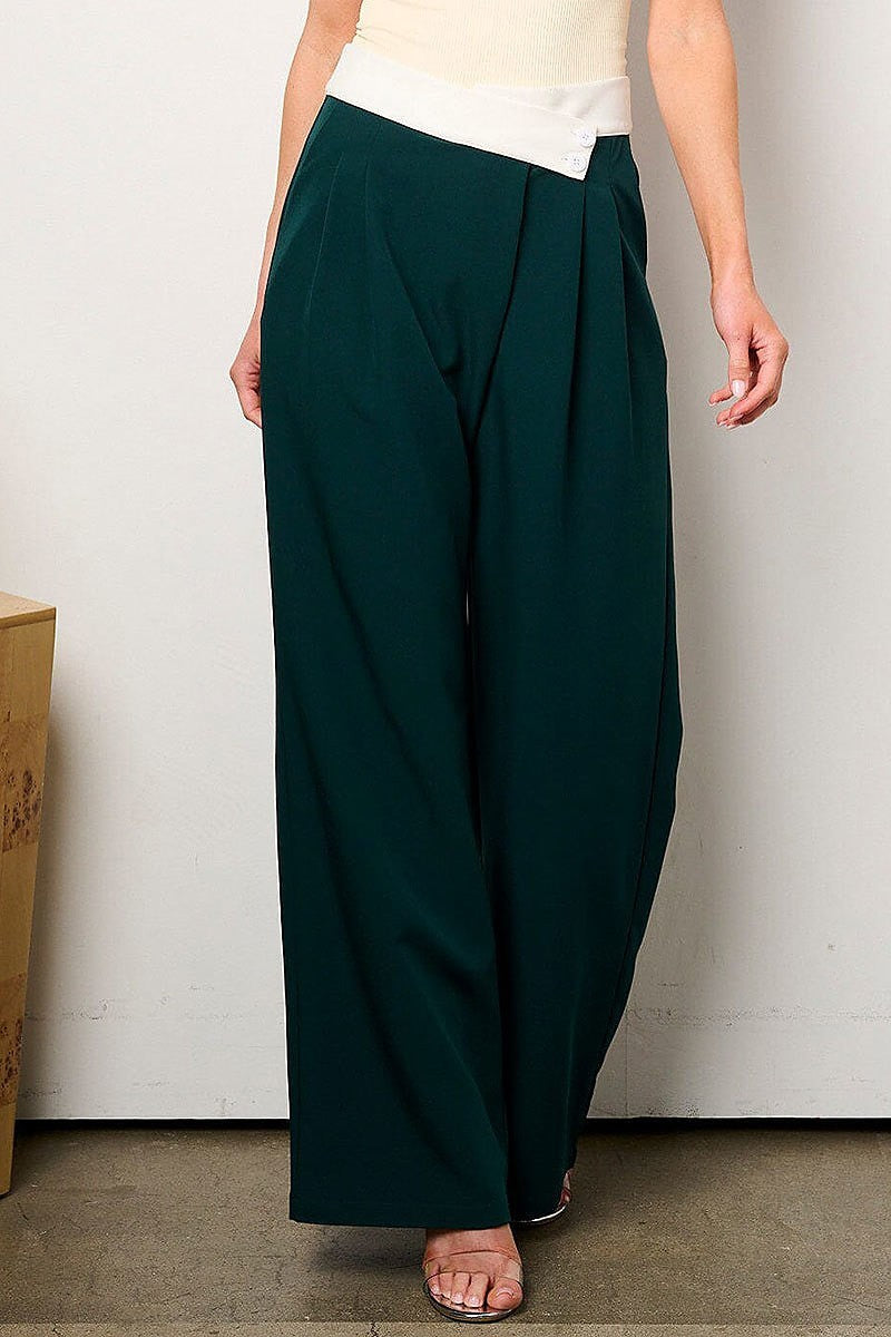 Button closure pleated wide leg palazzo pants (EFWT9080)