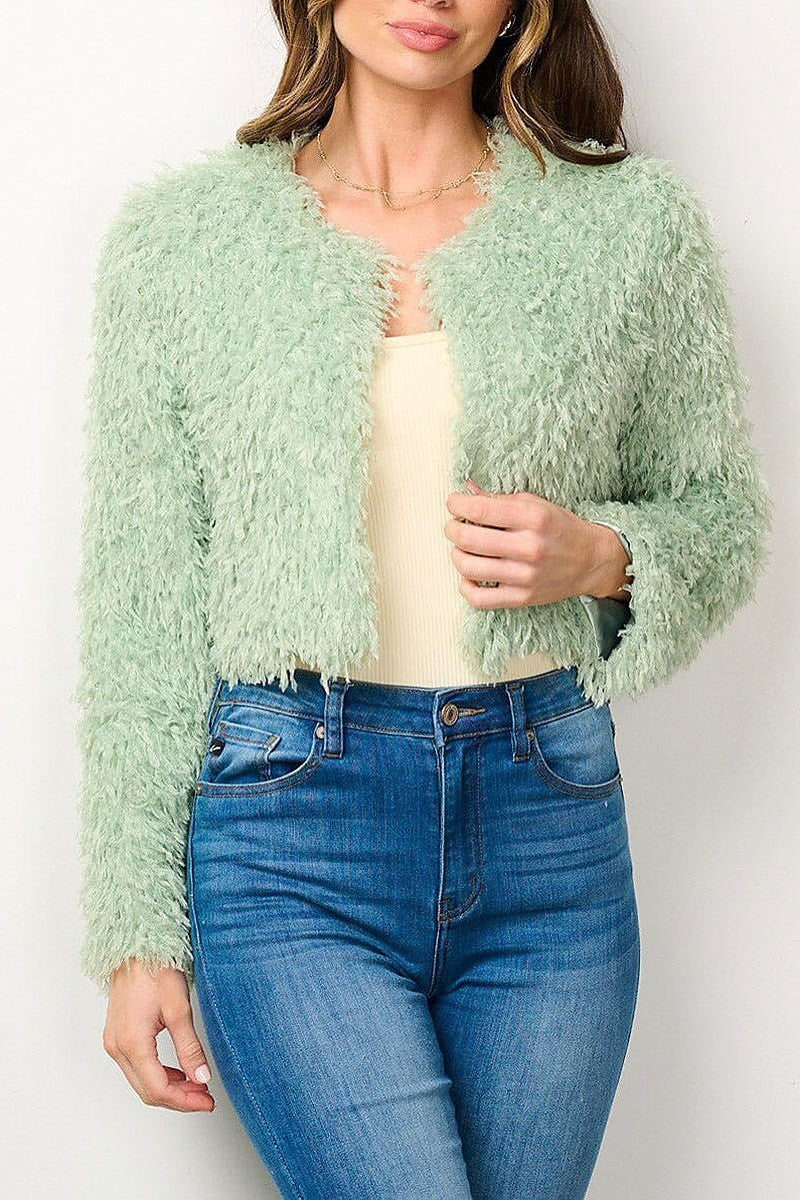 Long sleeve open front fuzzy blazer (EFWT6962)