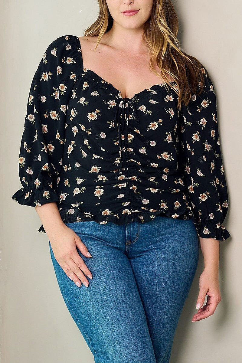 Front ruched floral blouse top (EFWT2936)