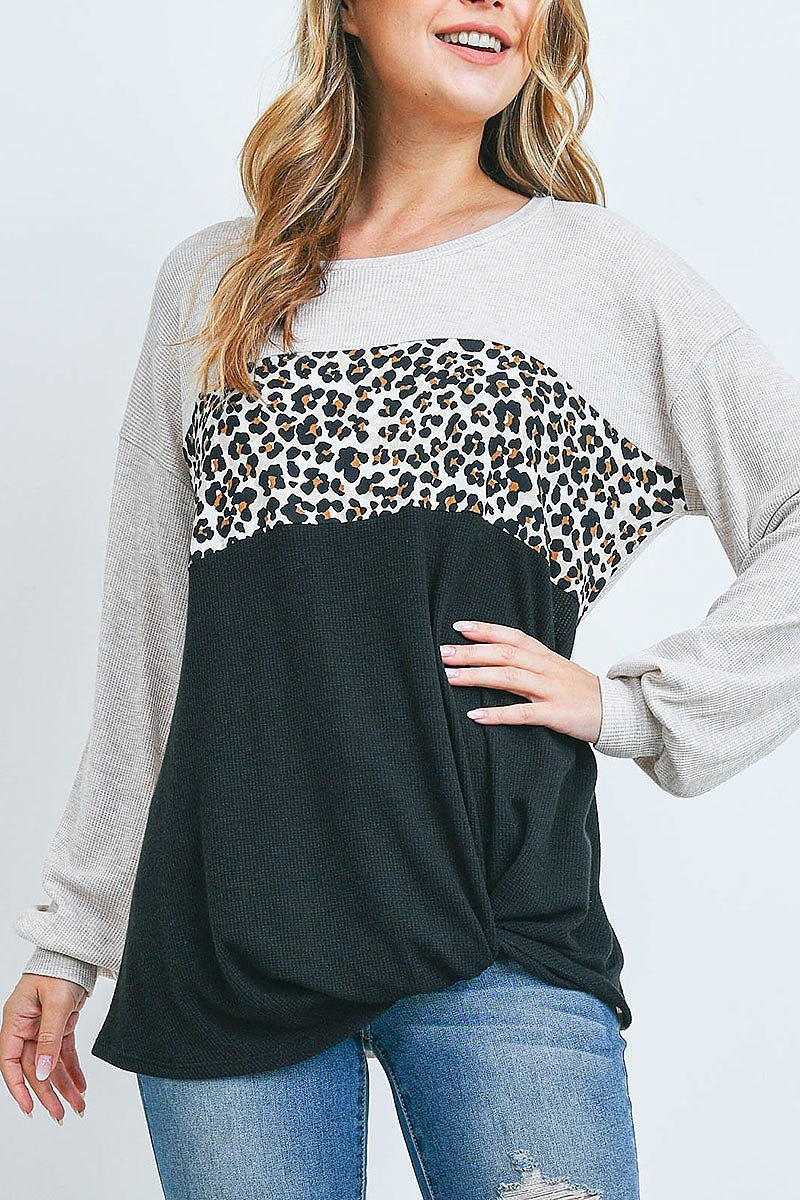 Puff sleeve twist front leopard contrast knit top (EF2470)