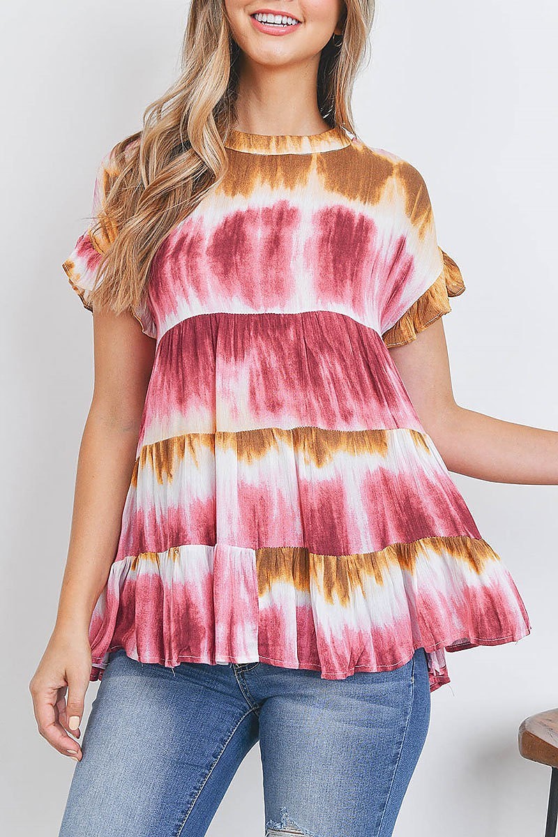 Crew neck ruffle sleeve tiered layered tie dye top (EF2635)