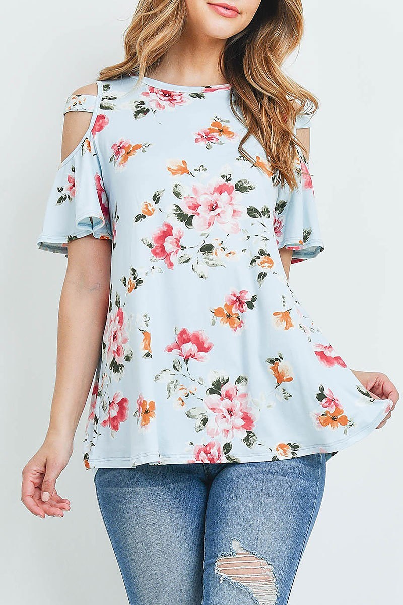 Floral print off shoulder flutter sleeve top (ED9164)