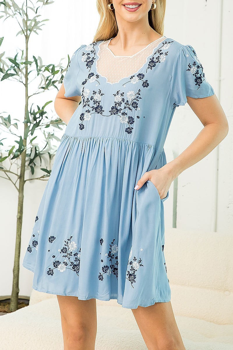 Floral embroidered ruched baby doll dress (DED7587)