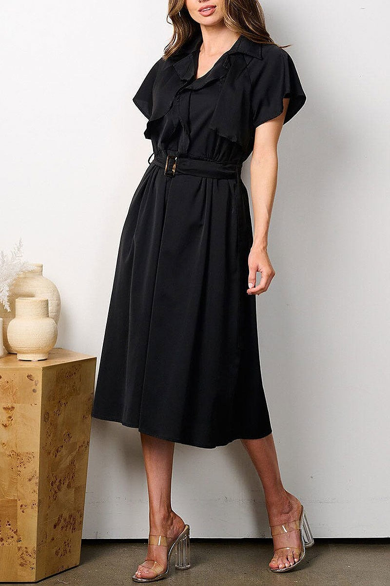 Short sleeves ruffle belted midi dress (EFWT7756)