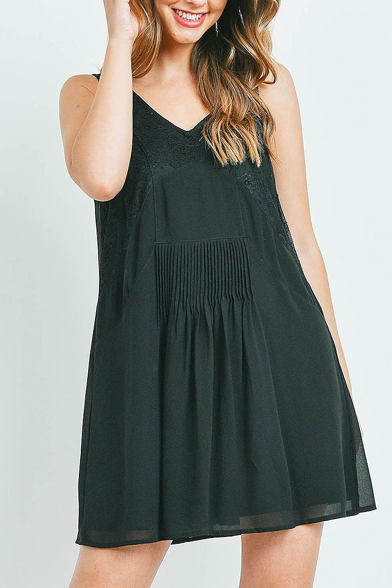 V neck lace trimmed pleated detail flare dress (DED6150)