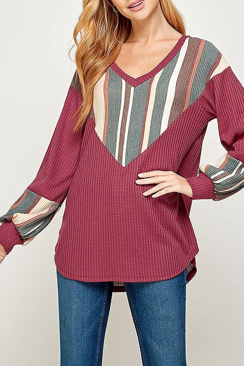 Stripe color block bubble sleeve top (EF2373)