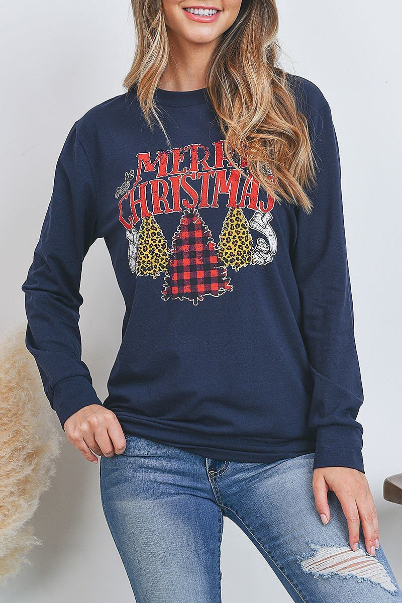 Merry christmas print long sleeve pullover top (EF2749)