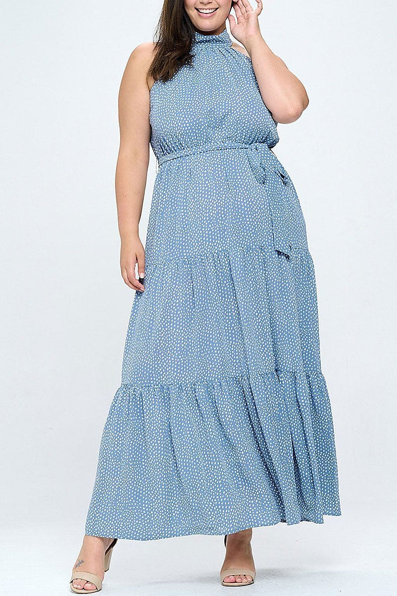 Halter neck elastic waist polka dots maxi dress (EGWT2191)