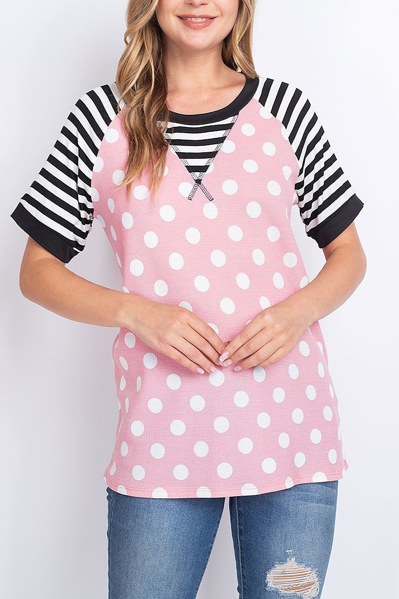 Thermal polka dot stripes neck and sleeve top (EF1965)