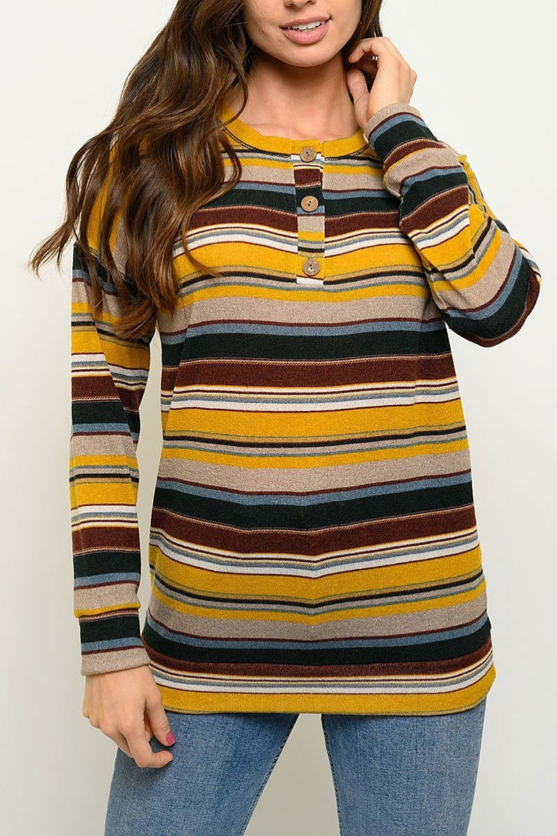 Long sleeve button trimmed stripe top (EDWT3019)