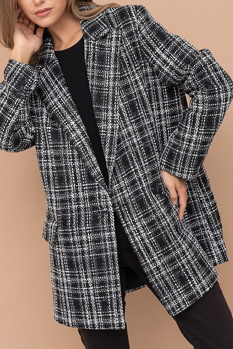 Long sleeve button closure pockets plaid blazer (EFWT4634)