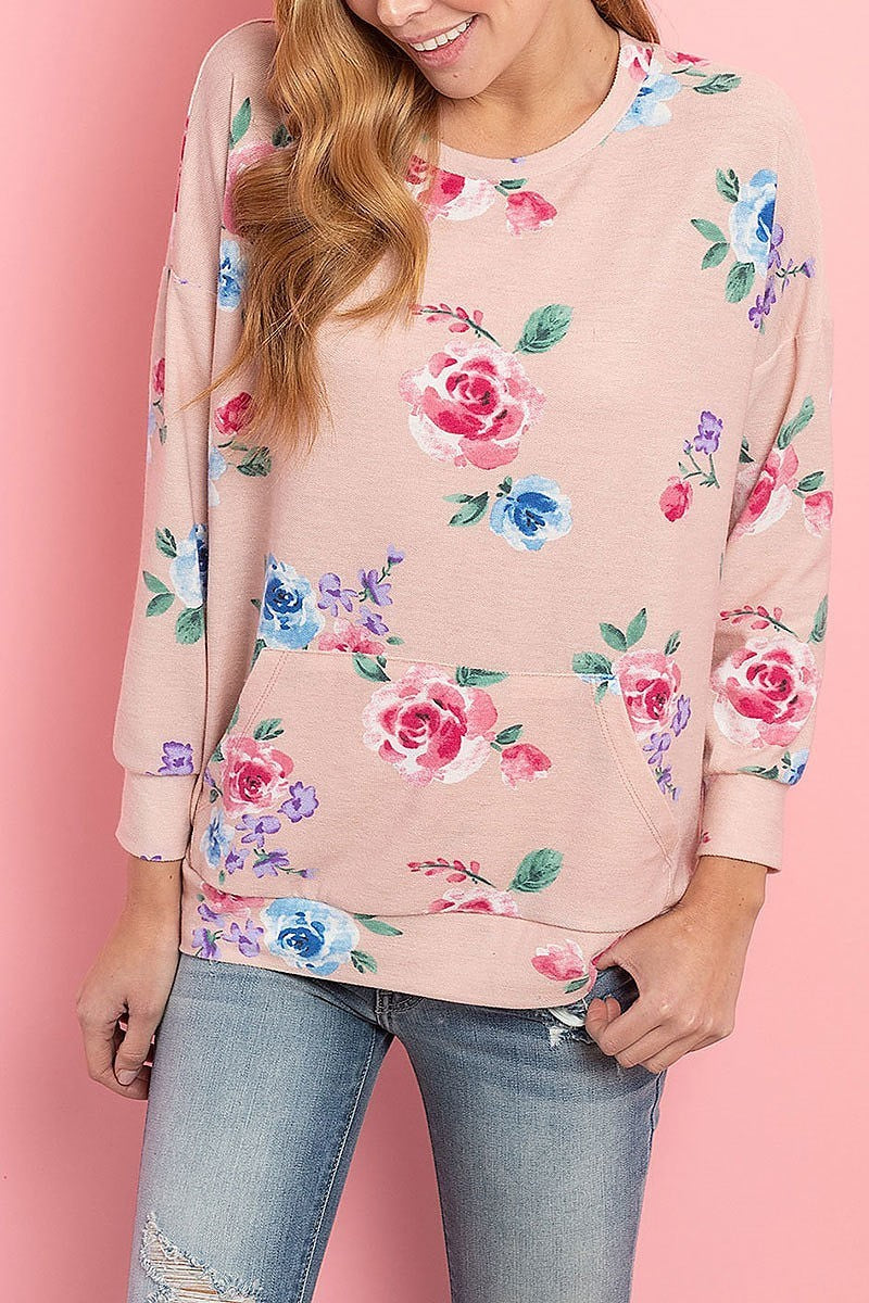 Floral long sleeves pullover with kangaroo pocket (ED8486)