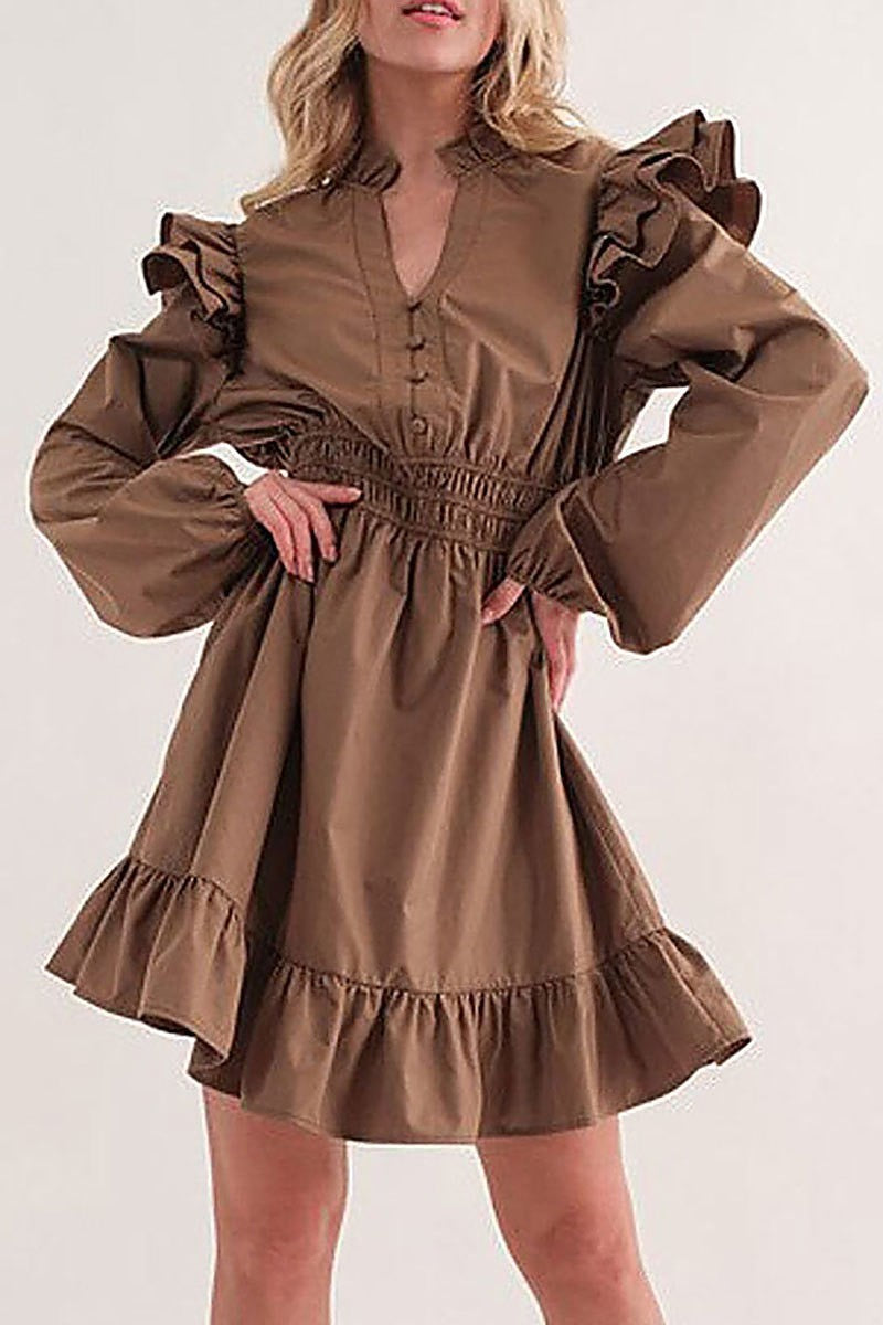 Long puff sleeve v-neck ruffle mini dress (EFWT5735)