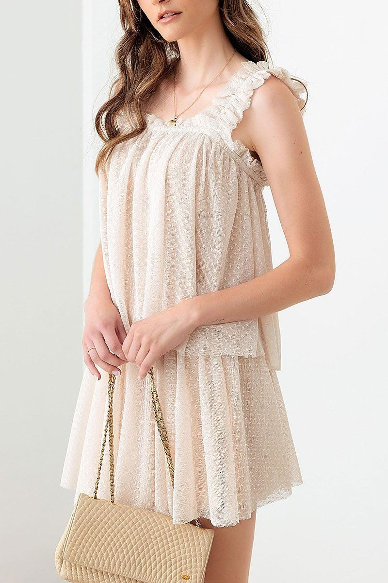 Sheer pin dot tank top and skirt set (TED2981)