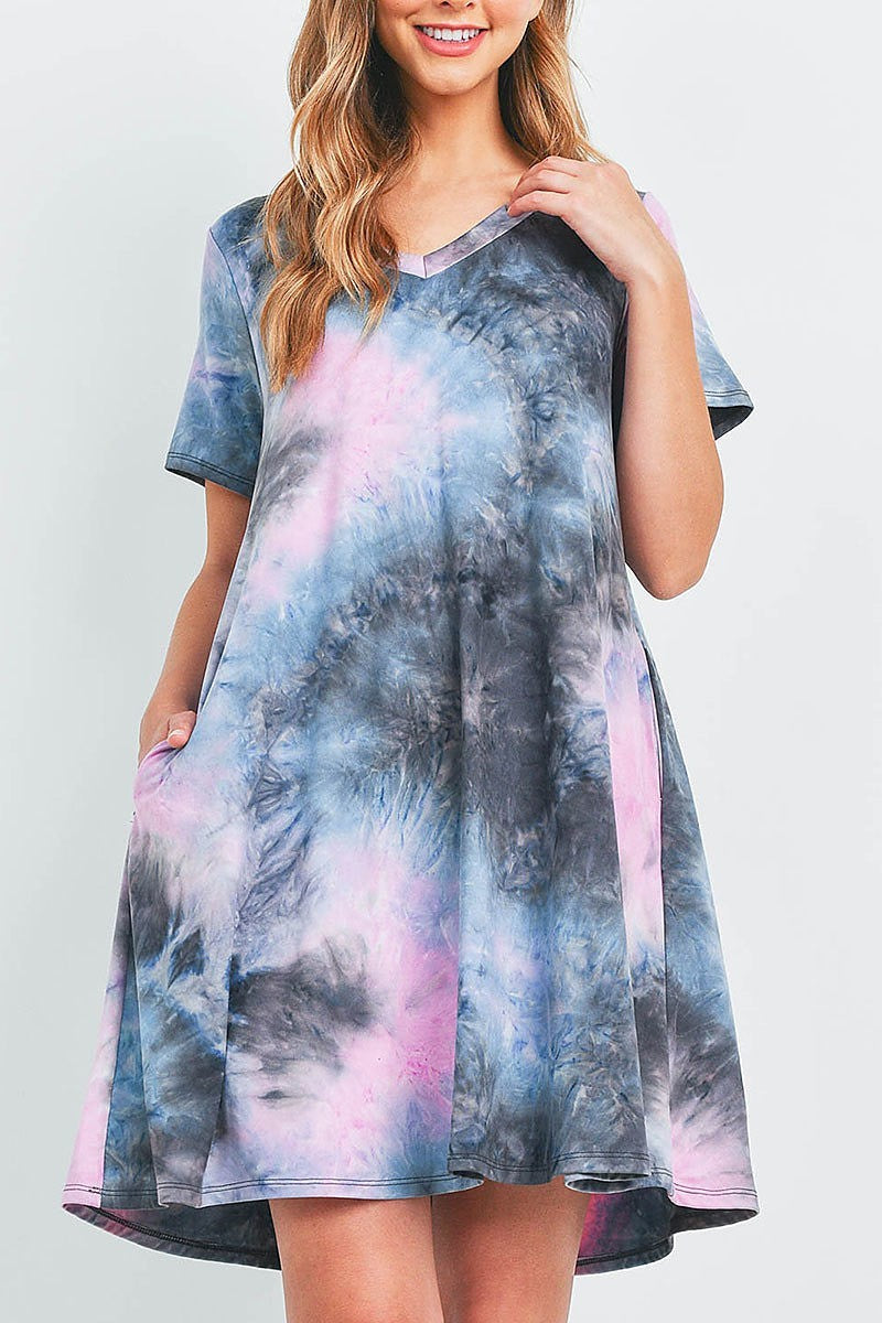 Tie dye v neck pocket swing dress (DED6476)