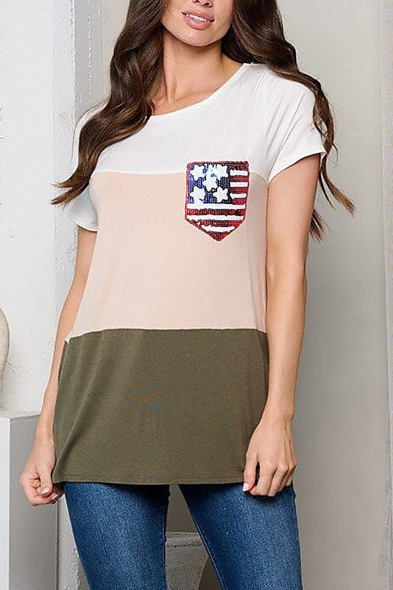 Short sleeve color block pocket flag patch top (EFWT1214)