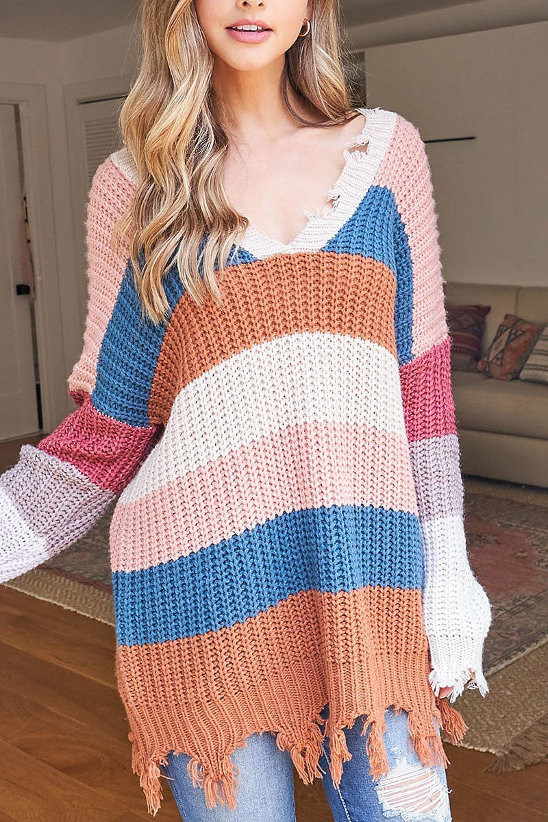 Distressed detail color block sweater (DGS5366-2)