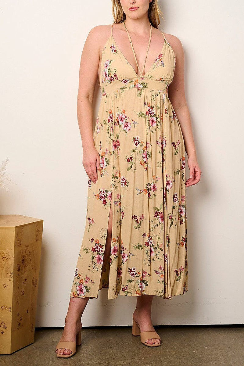 Sleeveless v-neck open back floral maxi dress (EFWT9033)