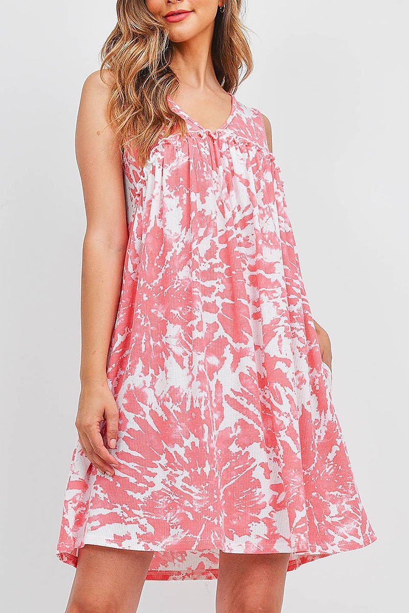 V neck ruffle detail rib tie dye pocket dress (DED6698)