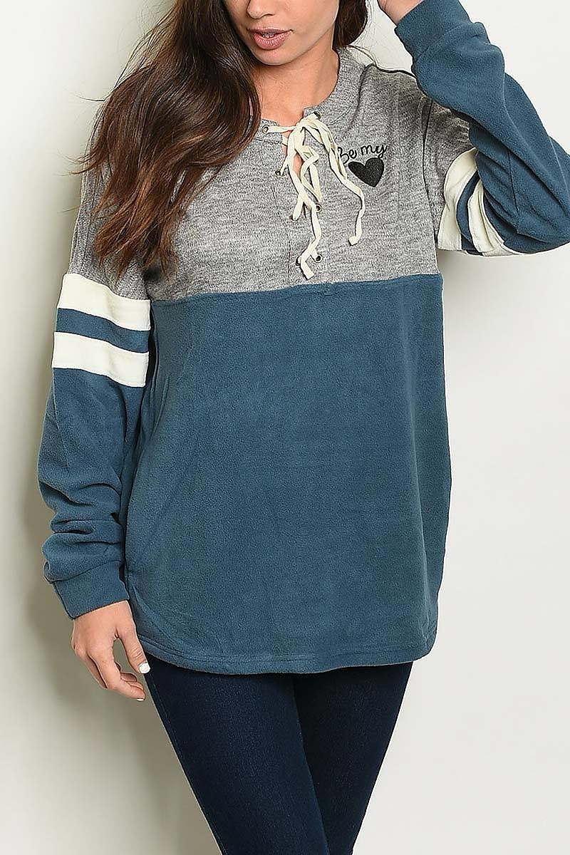 Color block lace up pocket sweater (DGS3605-3)