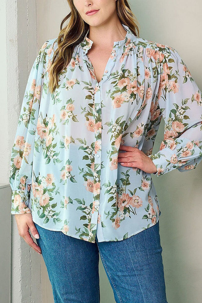 Long sleeve button up floral blouse top (EFWT2724)