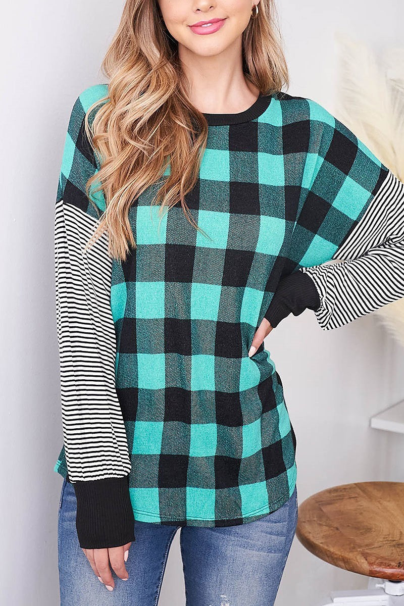 Stripe sleeve checker body color block top (EF2515)