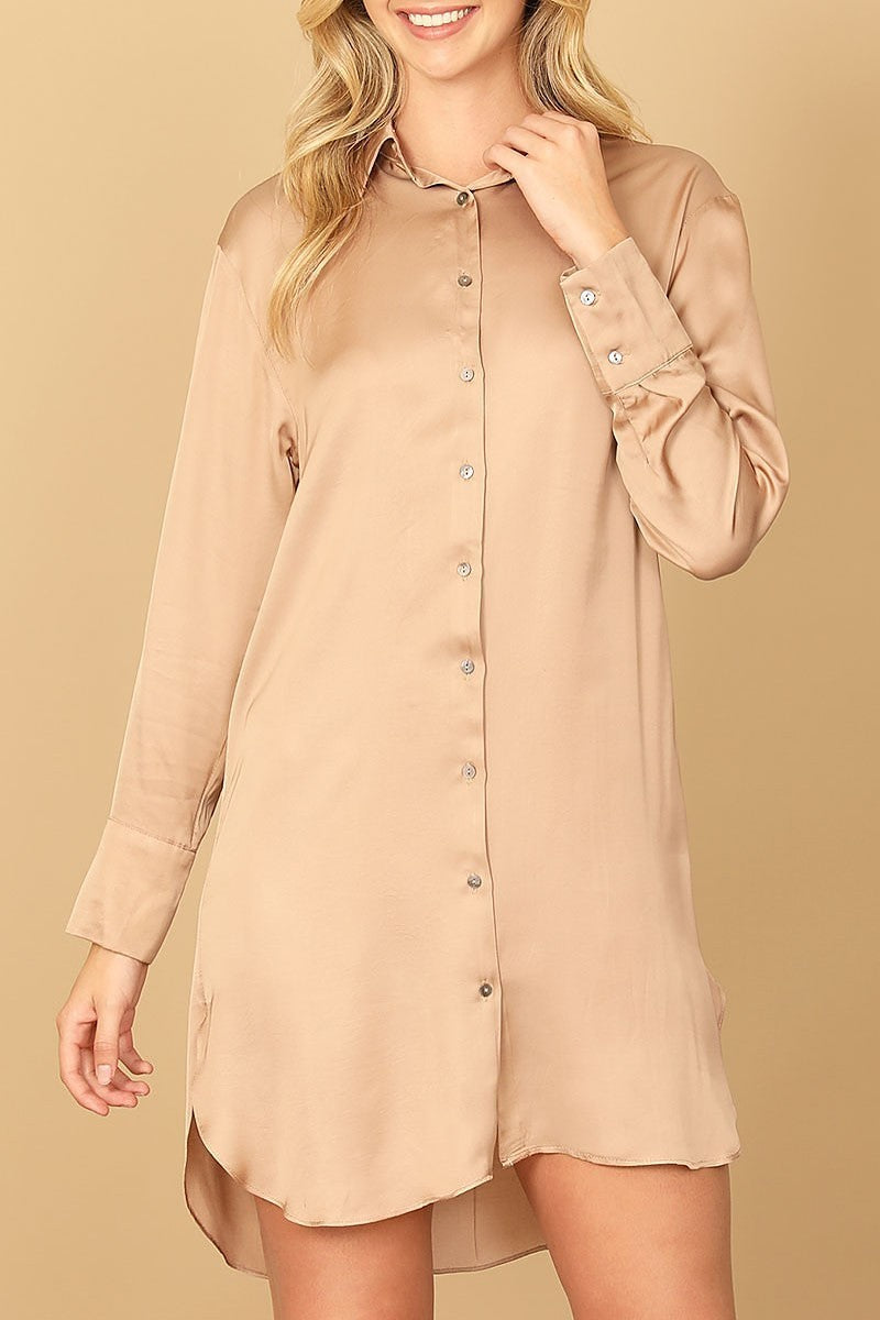 Long sleeve collared button down curve hem dress (DED9788)