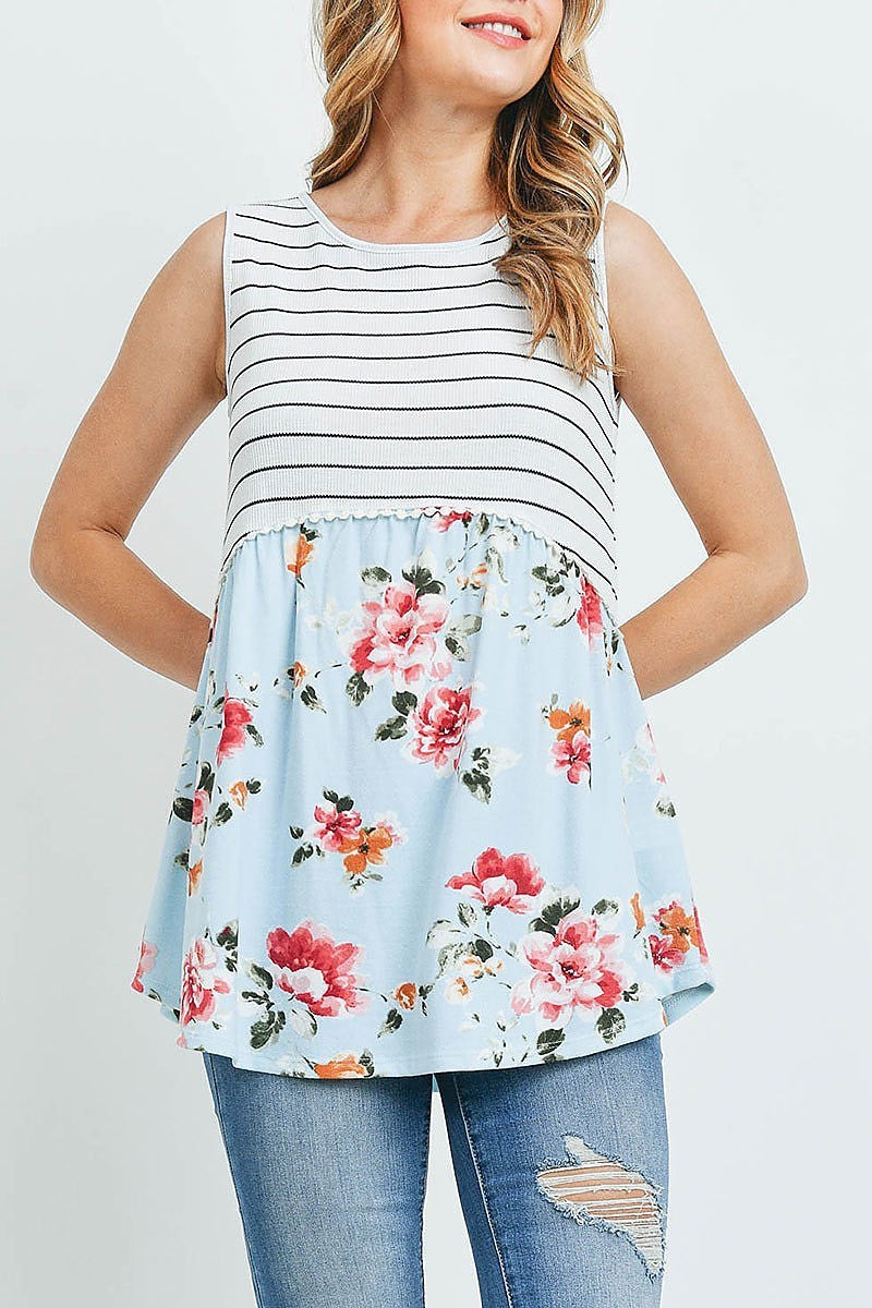 Pompom detail stripes floral contrast top (ED9772)