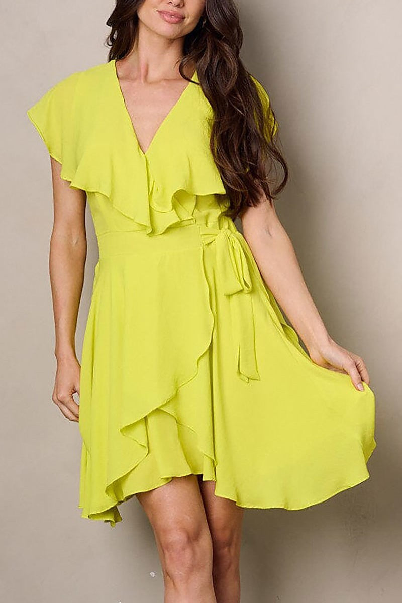 Short sleeve ruffle wrap self tie mini dress (EFWT2282)