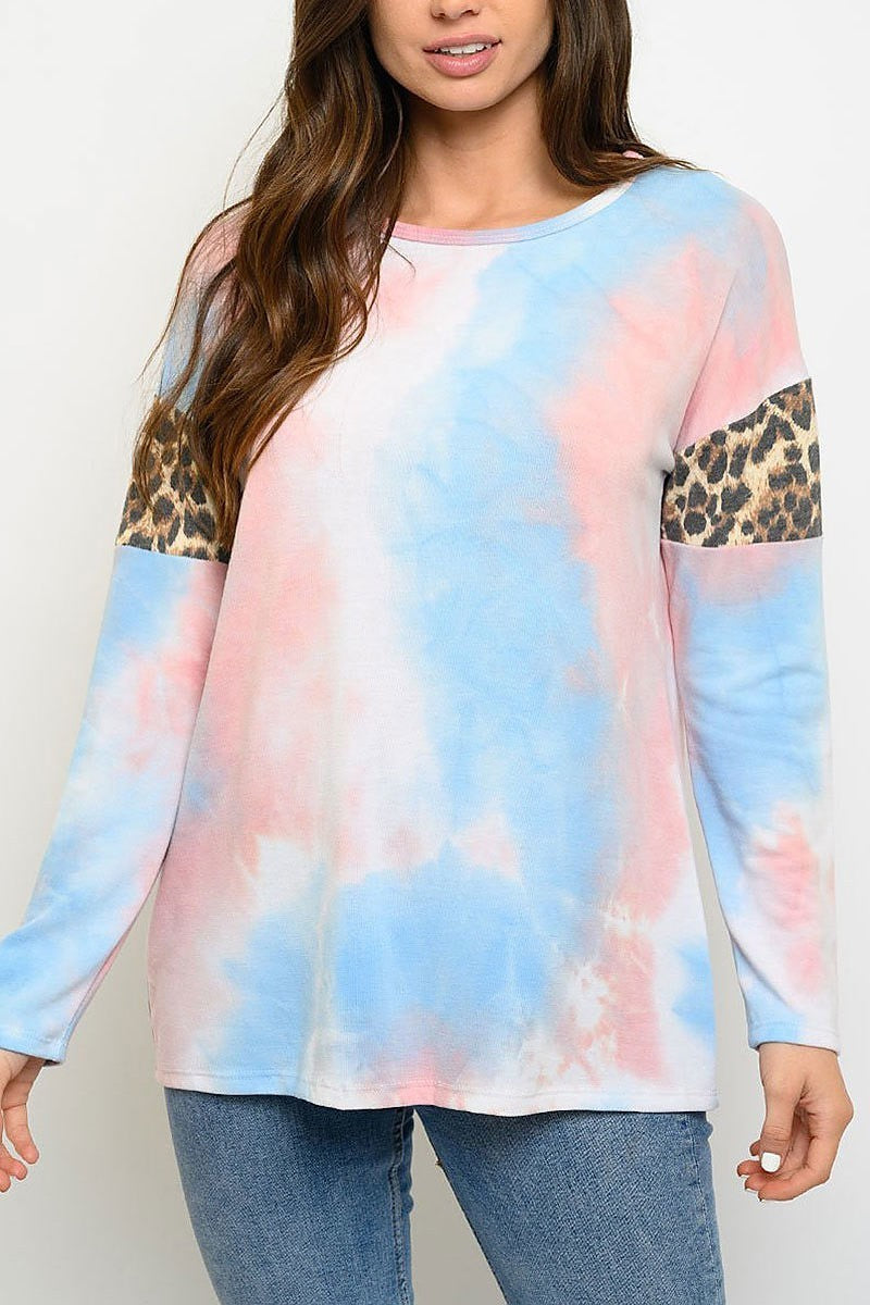 Long sleeve tie dye animal print color block top (EDWT3053)