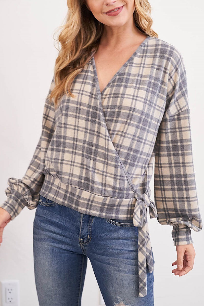 Surplice neckline ribbon tie plaid top (EF2464)