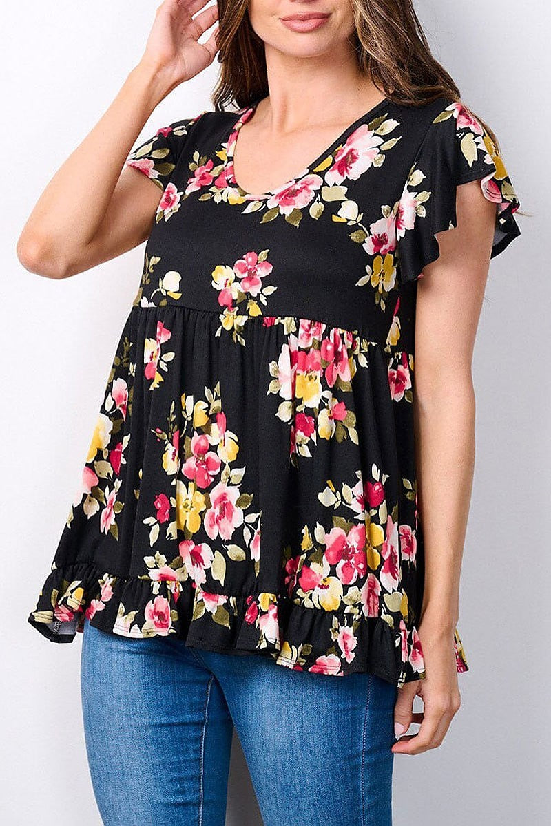 Short sleeve v-neck floral print ruffle top (EFWT7520)