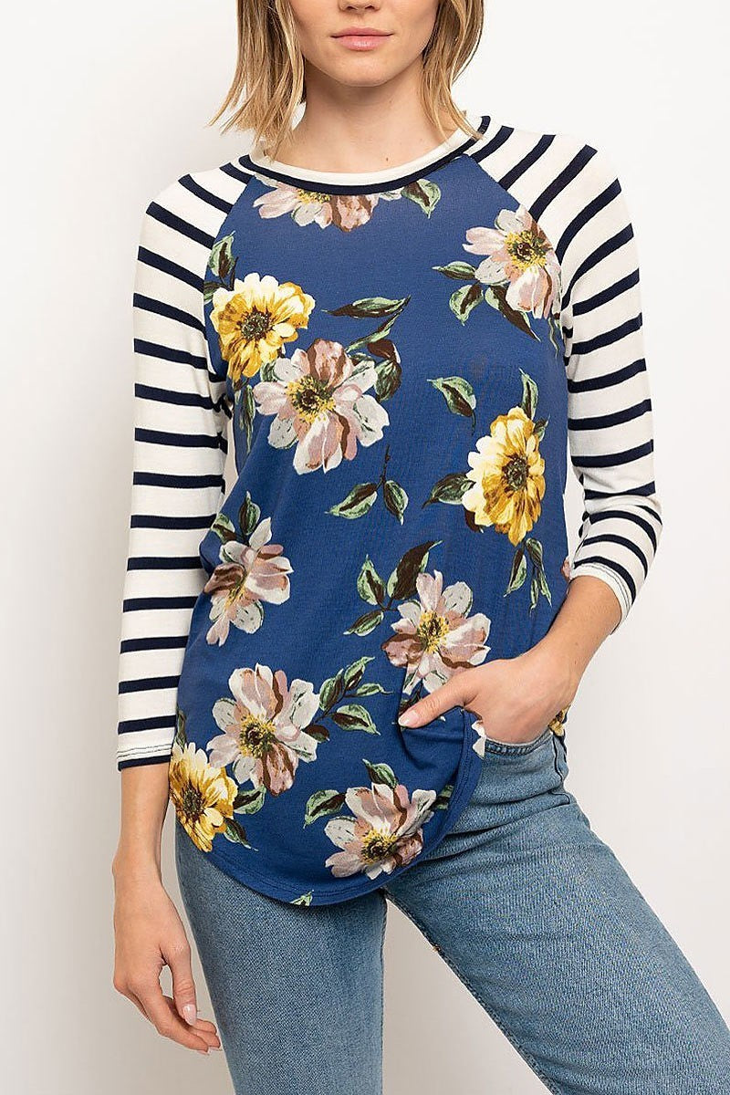 Floral print stripe sleeve color block top (EDWT2349)