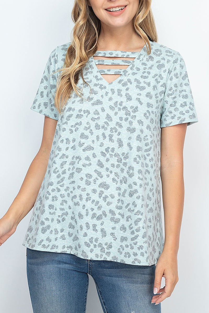 Triple strap v neck short sleeve leopard top (EF1653)