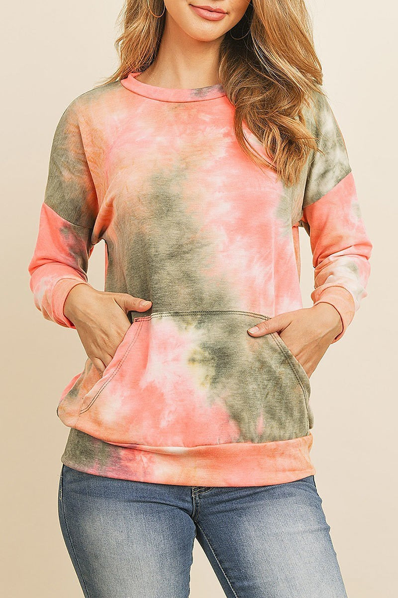 Fleeced french terry tie dye pullover with kangaroo pockets (ED8381-1-1)