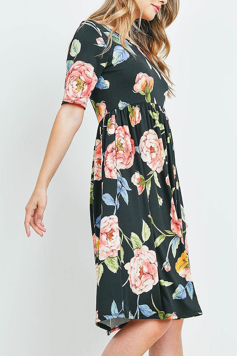 Empire waist floral print side pocket midi dress (DED6358)