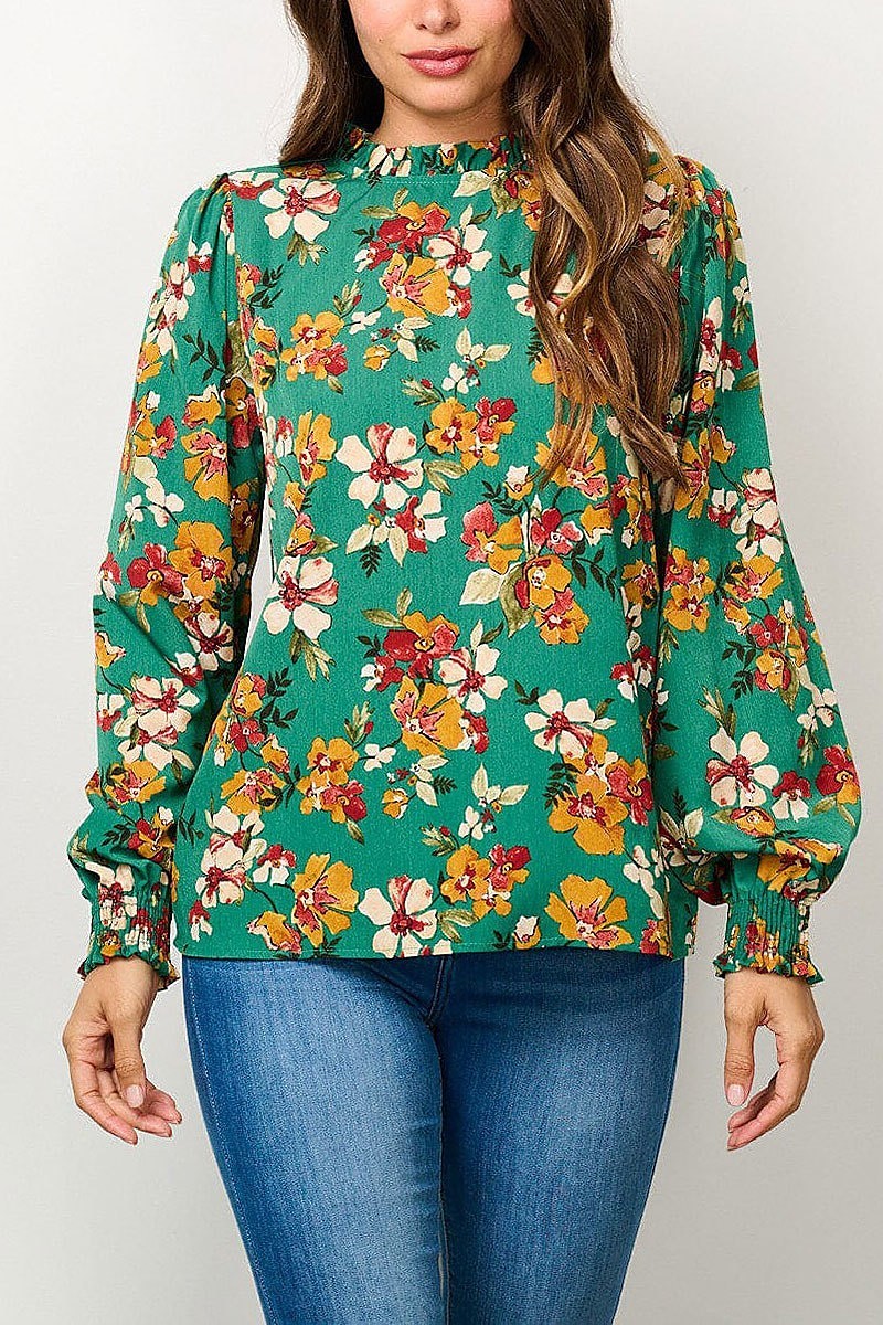 Long sleeve mock neck floral blouse top (EFWT6667)