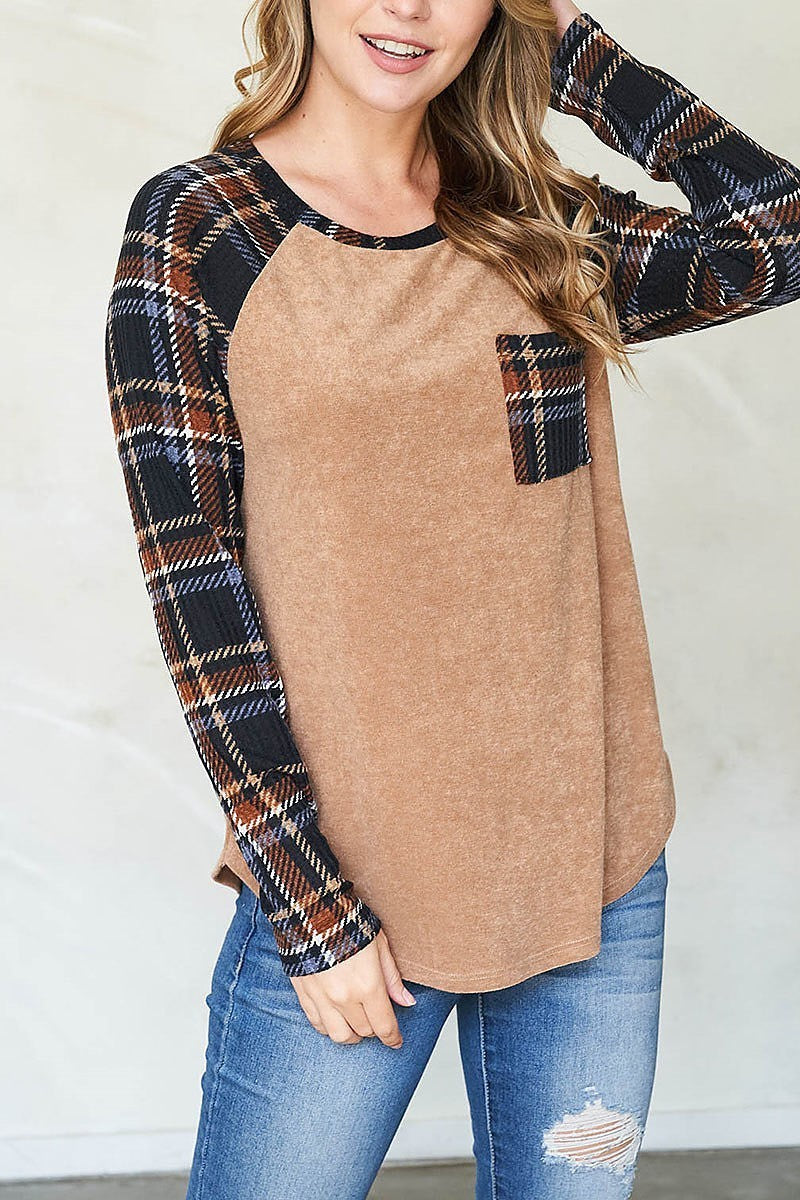 Plaid pocket and sleeves loop terry top (EF2732)