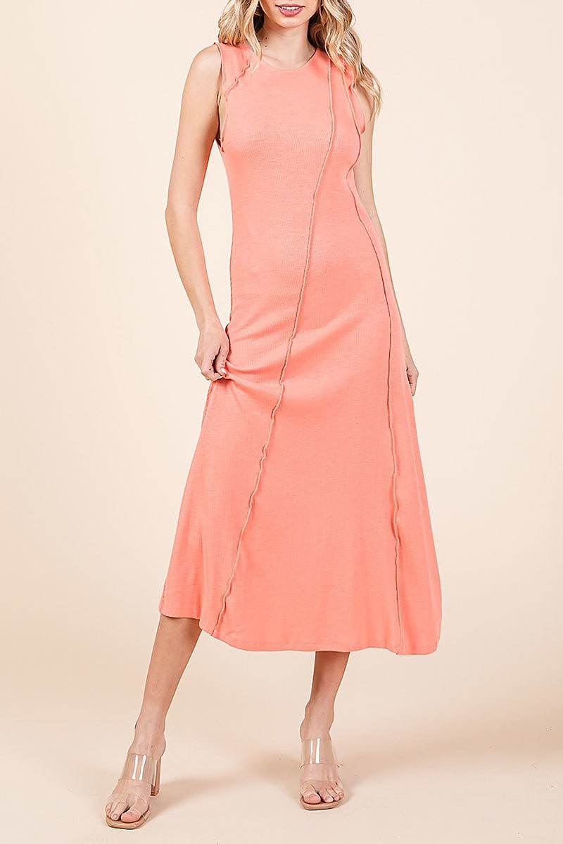 Solid sleeveless exposed seam rib knit midi dress (EDH2163)