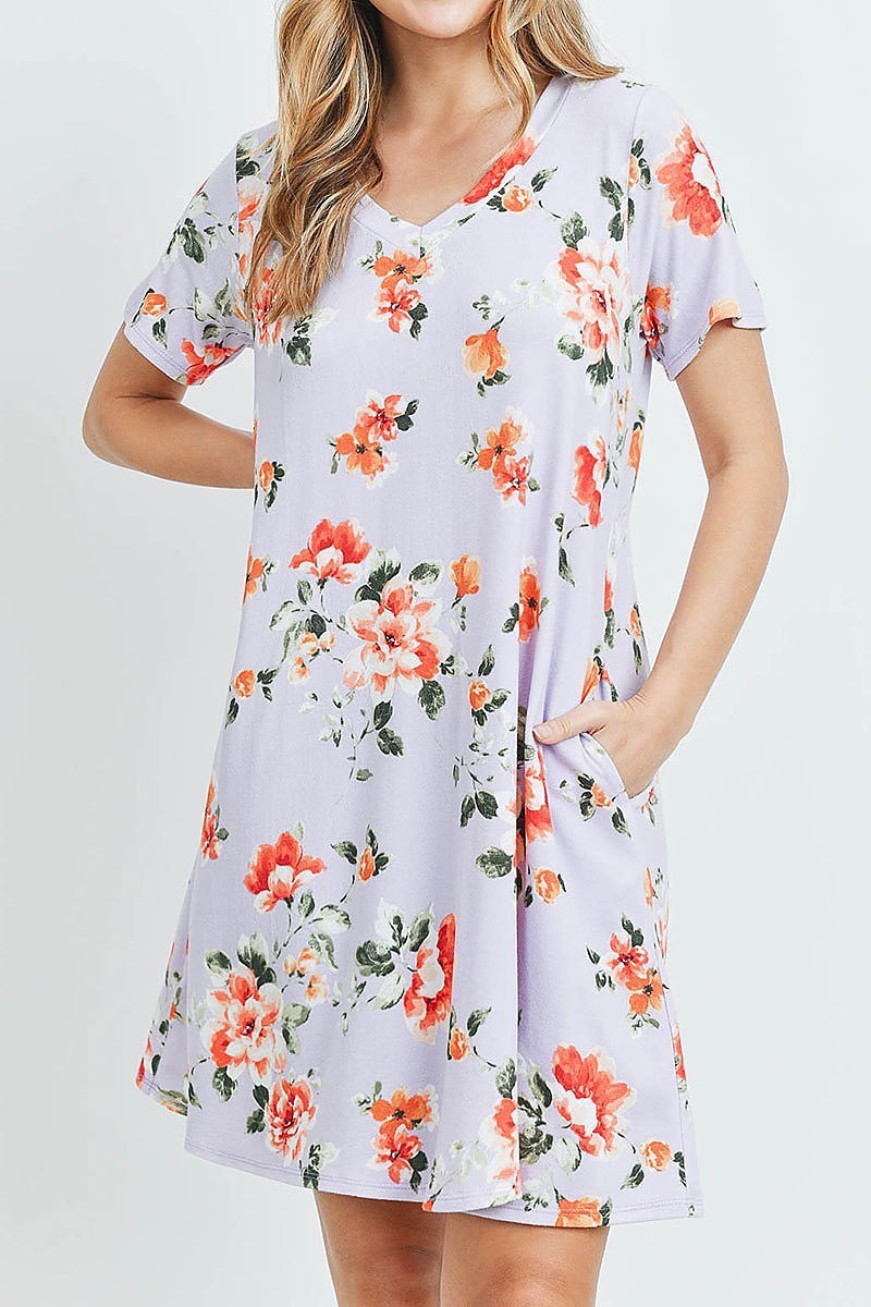 Floral short sleeves v neck on seam pocket dress (DED5983)