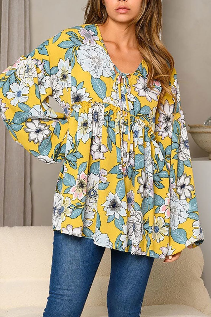 Long sleeve front tie floral print tunic top (EDWT8417)