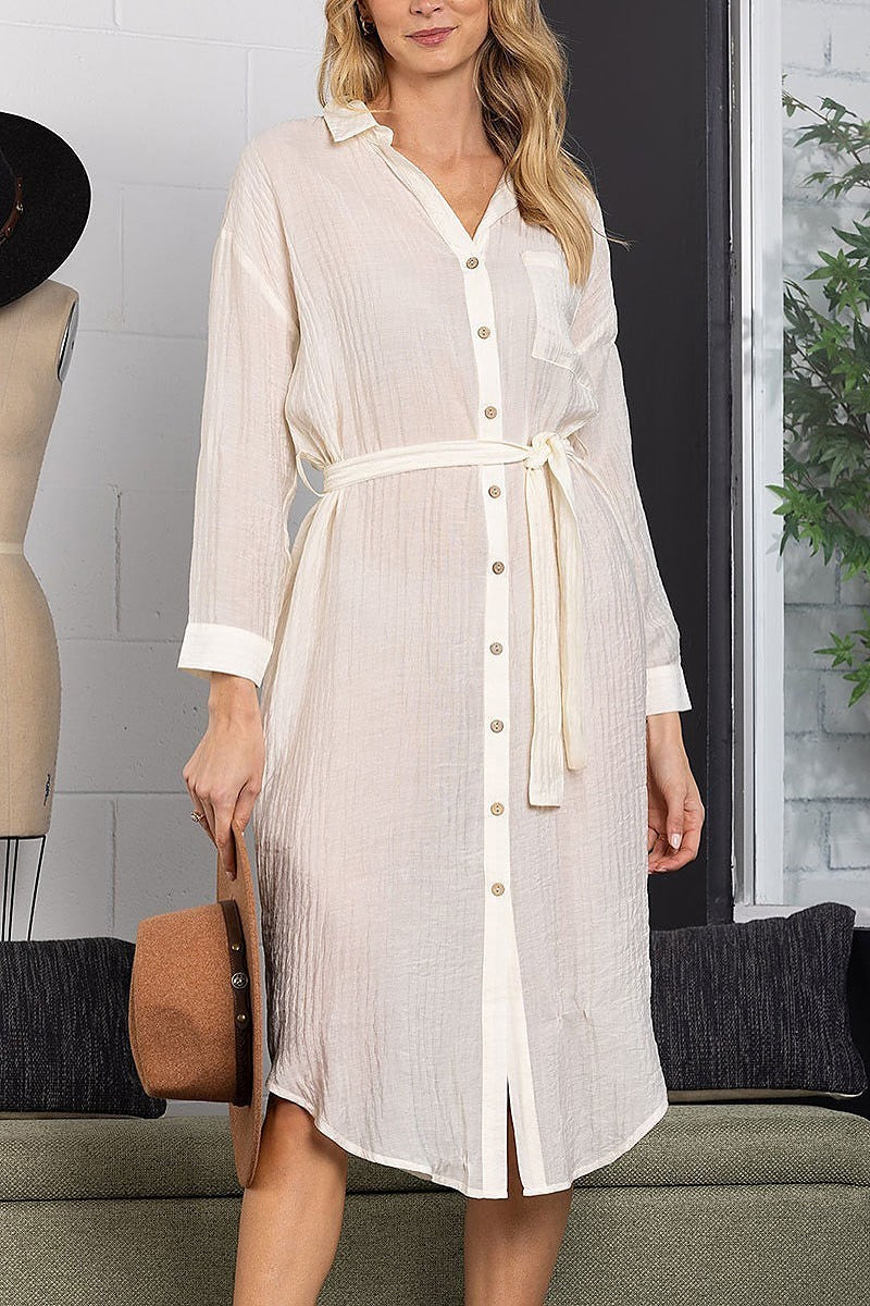 Collared linen long sleeves maxi dress (EDSW3878)