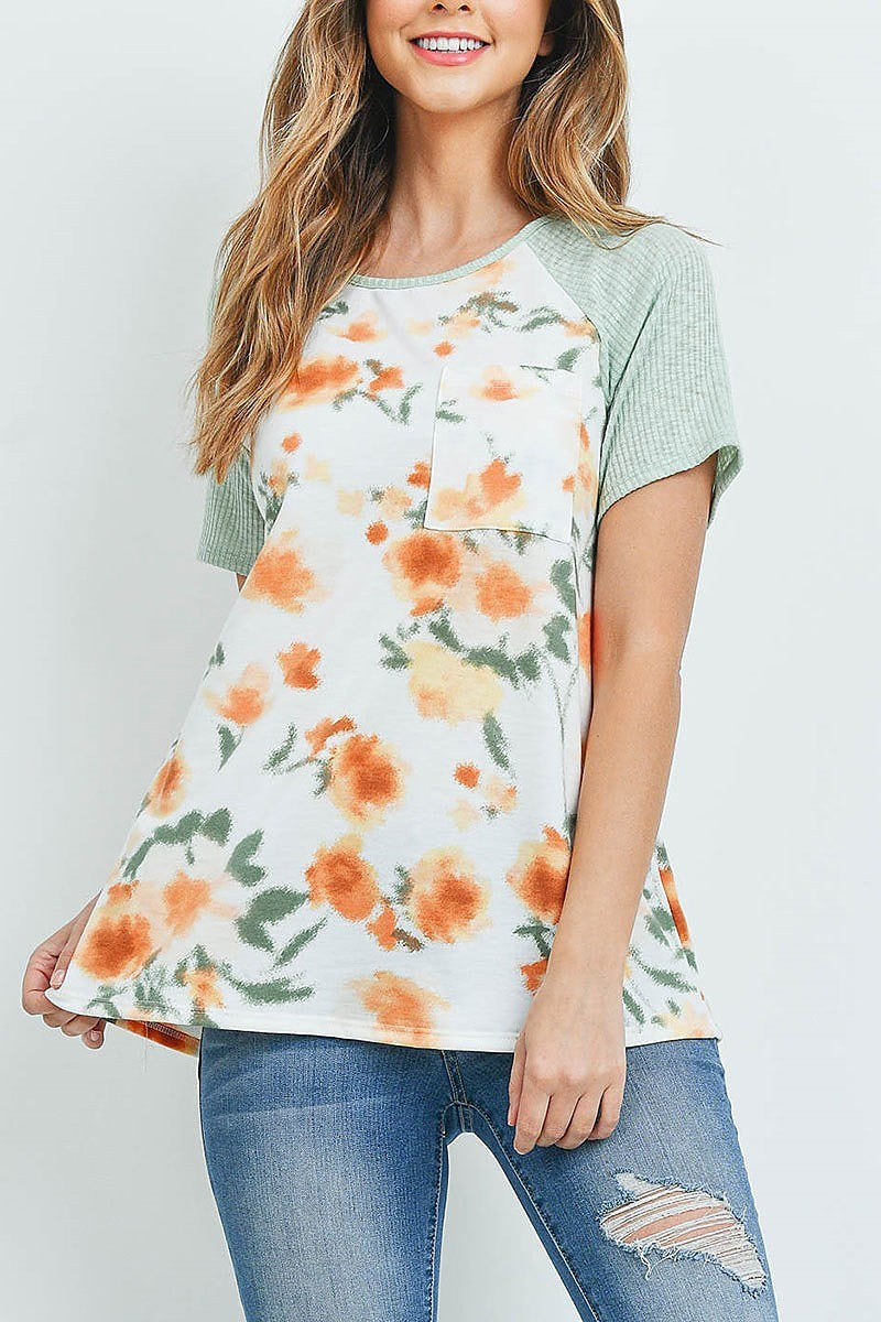 Waffle raglan floral pocket top (ED9153)