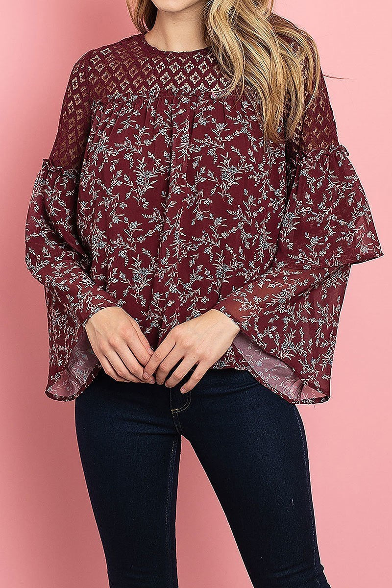 Lace trimmed bell sleeve floral print top (ED7931)