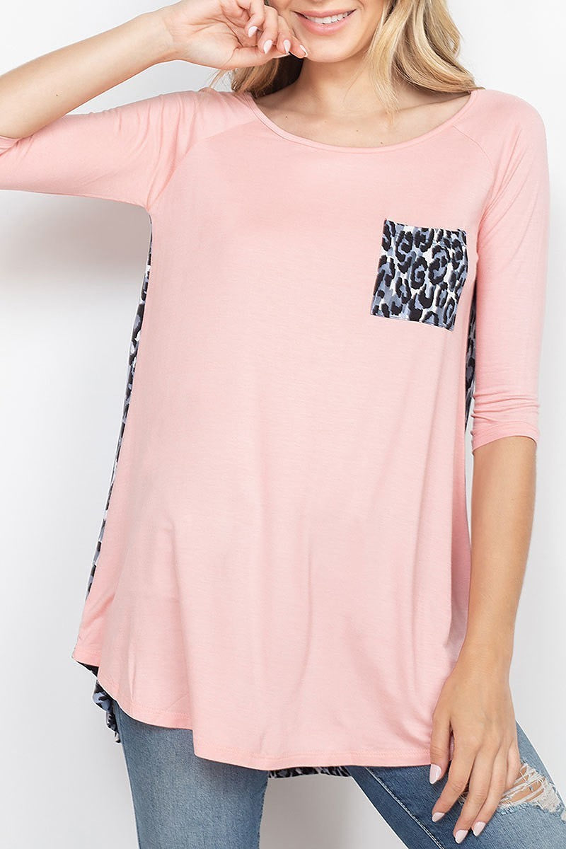 Animal print pocket color block top (EF1804)