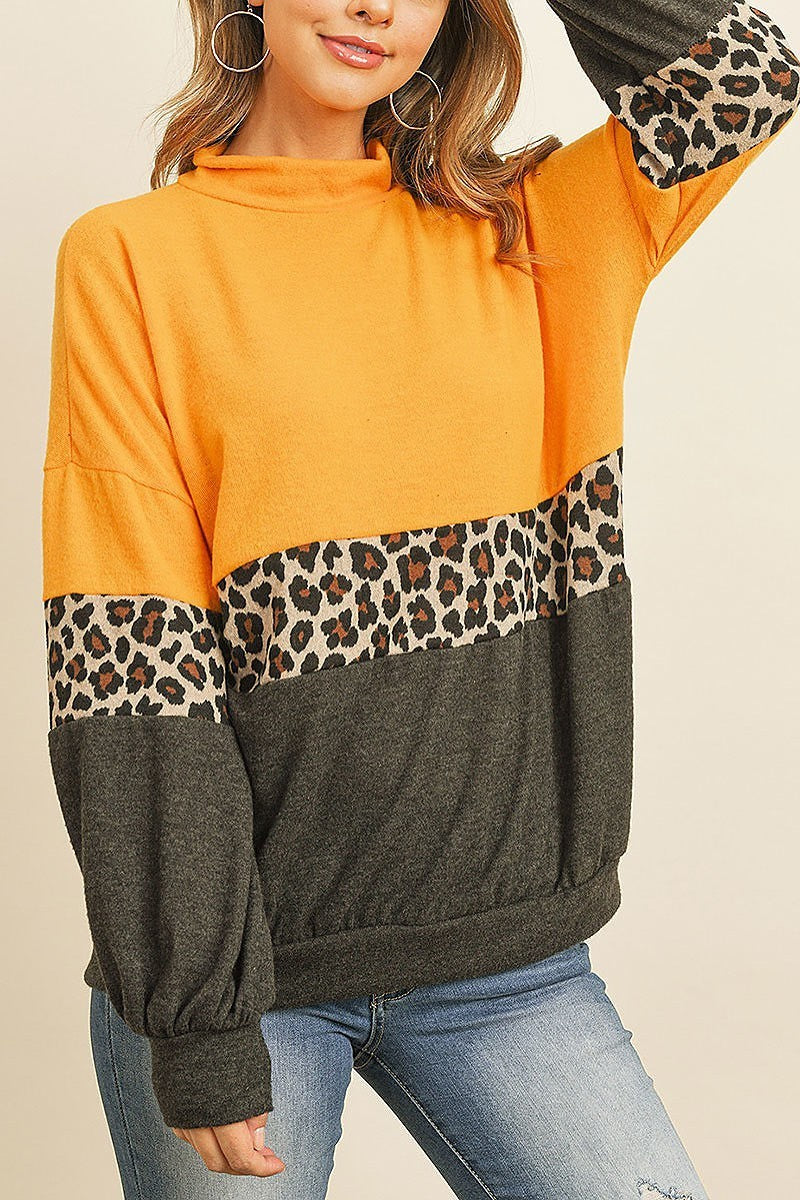 Long sleeve leopard contrast puff sleeve color (DGS4868-LAST)