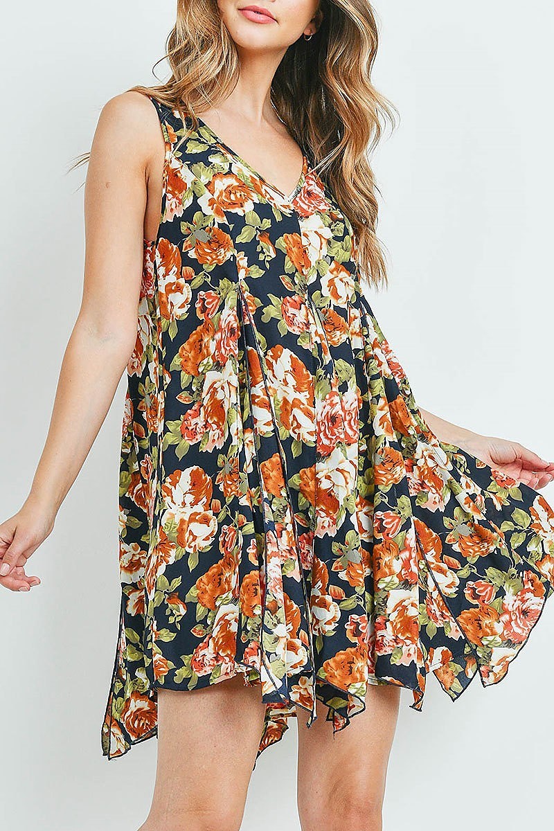 V neck floral print asymmetrical hem flare dress (DED6157)